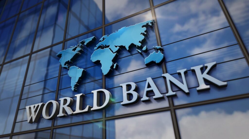 World Bank on glass building. Mirrored sky and city modern facade. Global capital, business, finance, economy, banking and money concept 3D rendering illustration.
