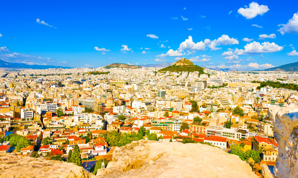 Aerial view of Athens town with lecabetus hill from Acropolis rock in Greece